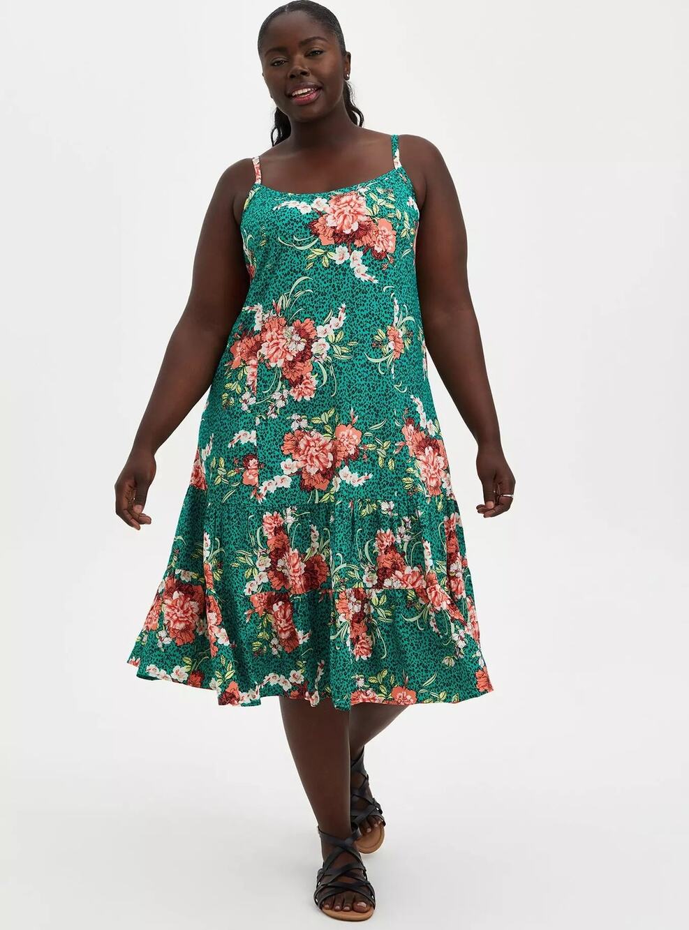 New Torrid Midi Challis Trapeze Dress Green Scoop Neck Tiered Sleeveless Sz 3X